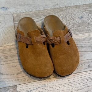 Brown Suede Clogs with Buckle Detail